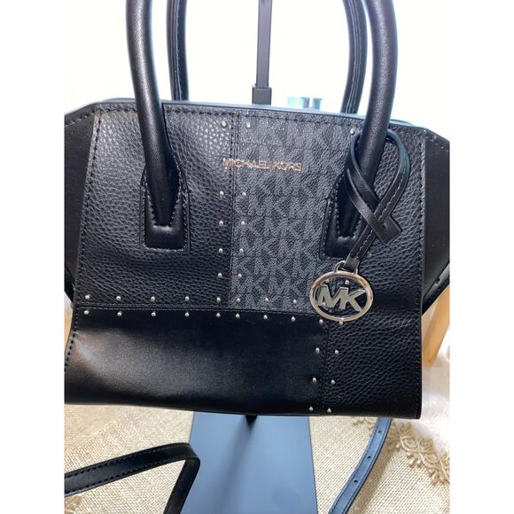 Michael Kors Avril Small Studded Patchwork Signature Logo Satchel Purse GUC - Picture 3 of 8